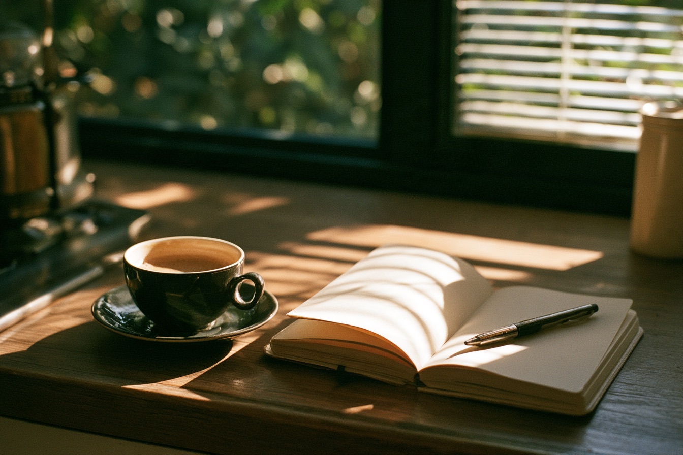 A cup of coffee and an open notebook on a kitchen counter, in morning light.