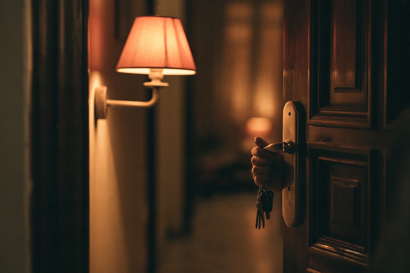 A hand with keys locks the front door from the inside, with a lamp on.