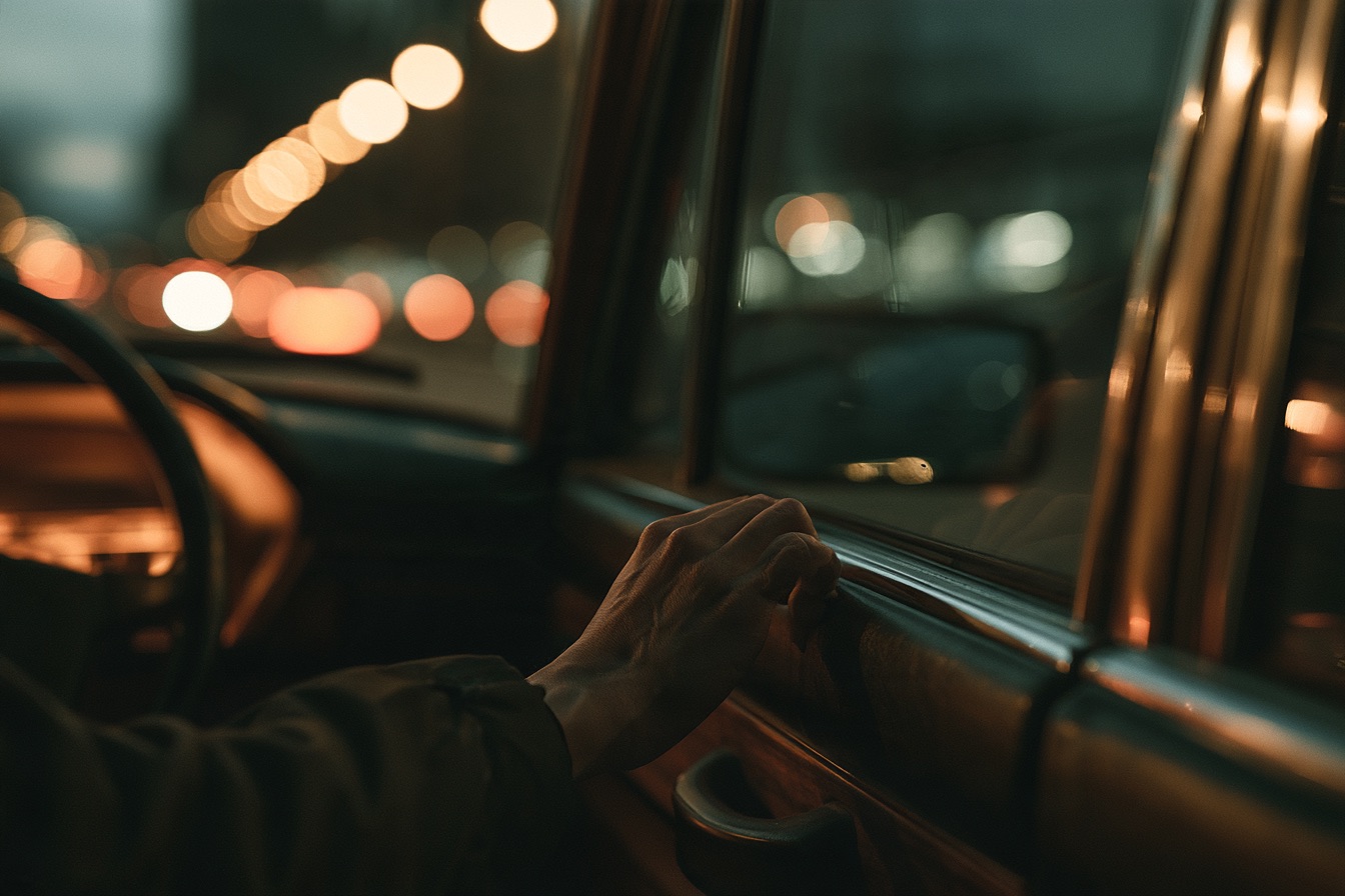 A passenger’s hand grips the car door, at night.
